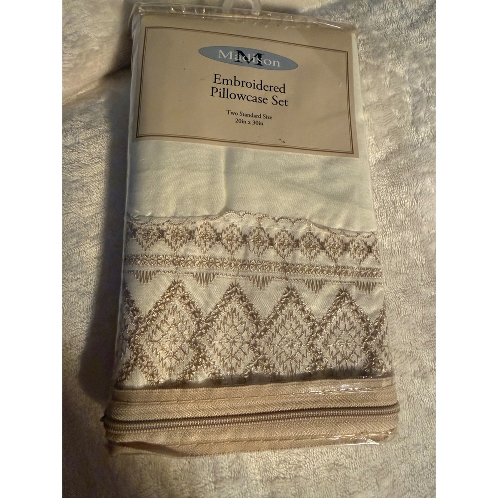 Madison Embroidered Pillowcase Set Two Standard Size 20x30 Cream Tan Geometric